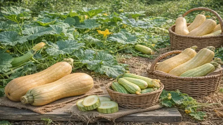 Courge de Nice longue récoltée au potager avec fruits jeunes et matures sur plante coureuse en plein soleil