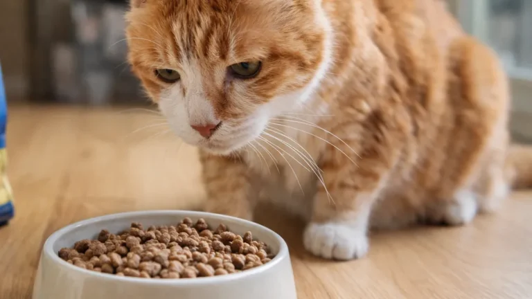 Chat senior observant une gamelle de croquettes dans une cuisine, illustration alimentation adaptée après 7 ans