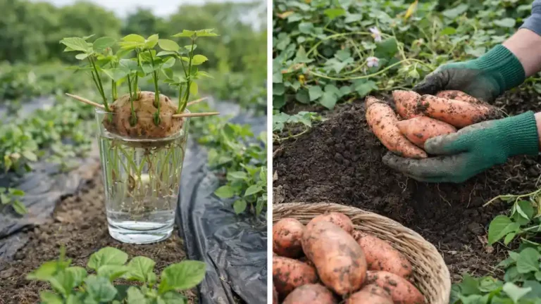 Culture de la patate douce en France : à gauche, slips de patate douce qui racinent dans un verre d’eau ; à droite, récolte de tubercules orange sortis de terre au potager.
