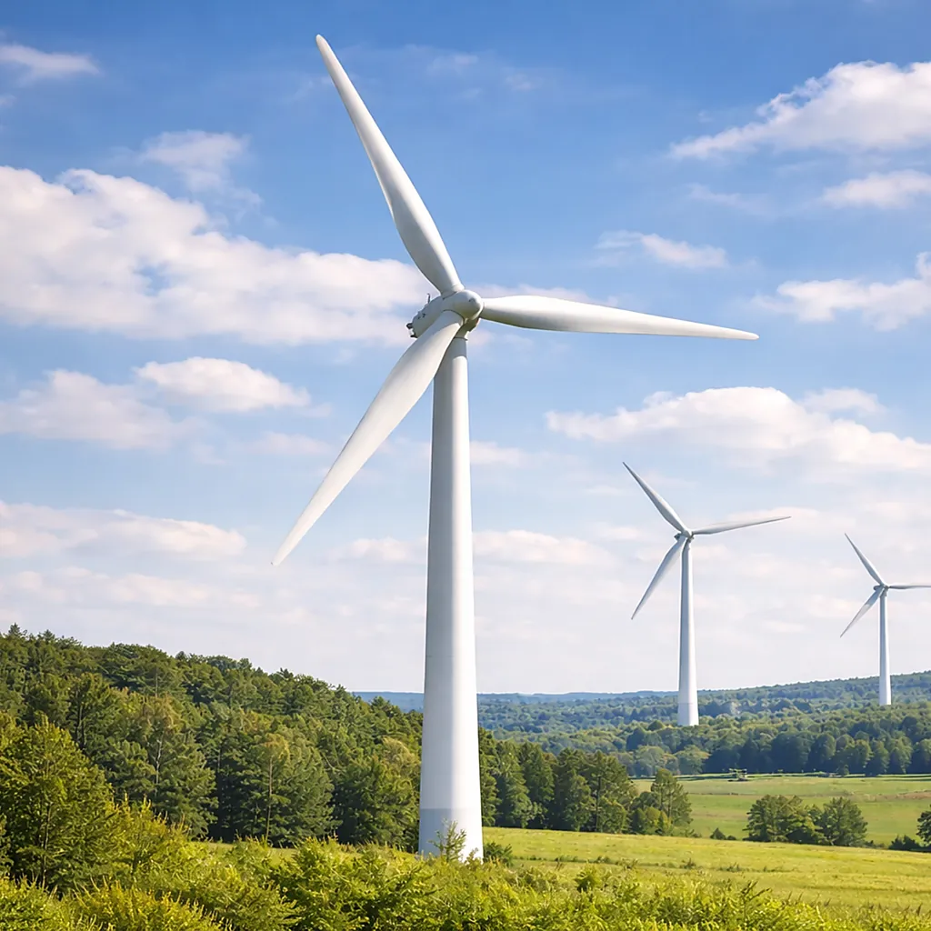 Éolienne blanche dans un parc éolien sur paysage verdoyant, ciel bleu nuageux, symbole d’énergie renouvelable et d’écologie.