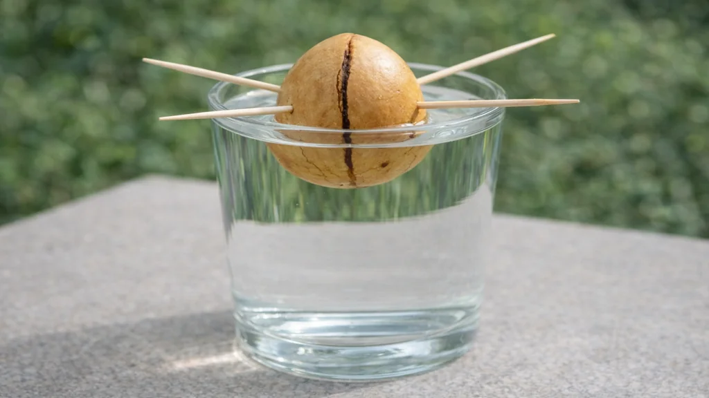 Faire germer un noyau d’avocat dans un verre d’eau avec cure-dents, pointe vers le haut et base immergée