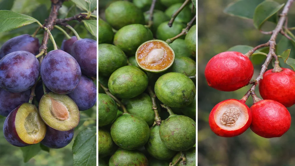 Fruits en Q : quetsche violette, quenette verte des Antilles et quandong rouge australien présentés en gros plan