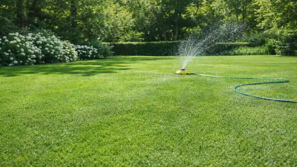 Gazon anglais vert intense arrosé par un arroseur automatique dans un jardin soigné avec haies et massifs fleuris en arrière-plan