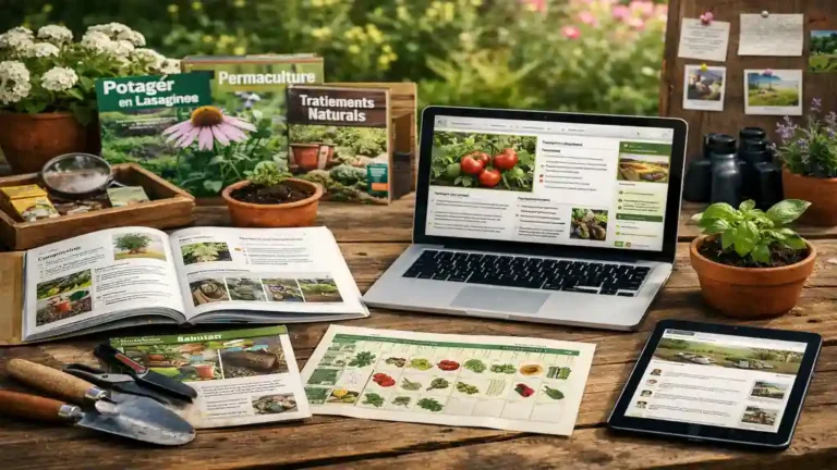 Ressources de jardinage en ligne avec ordinateur portable affichant une fiche plante, outils de potager et calendrier cultural sur table en bois dans un jardin.