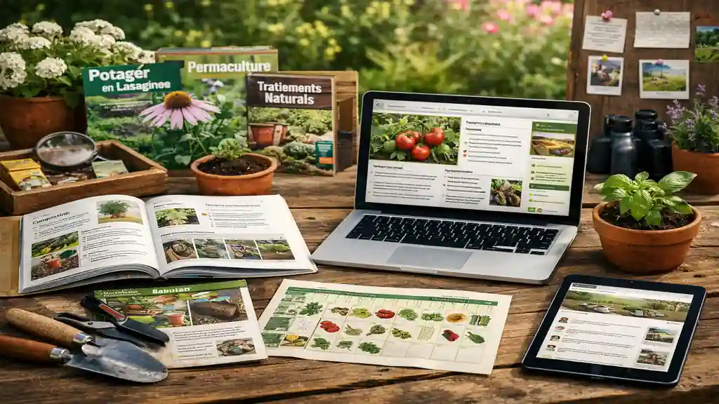 Ressources de jardinage en ligne avec ordinateur portable affichant une fiche plante, outils de potager et calendrier cultural sur table en bois dans un jardin.