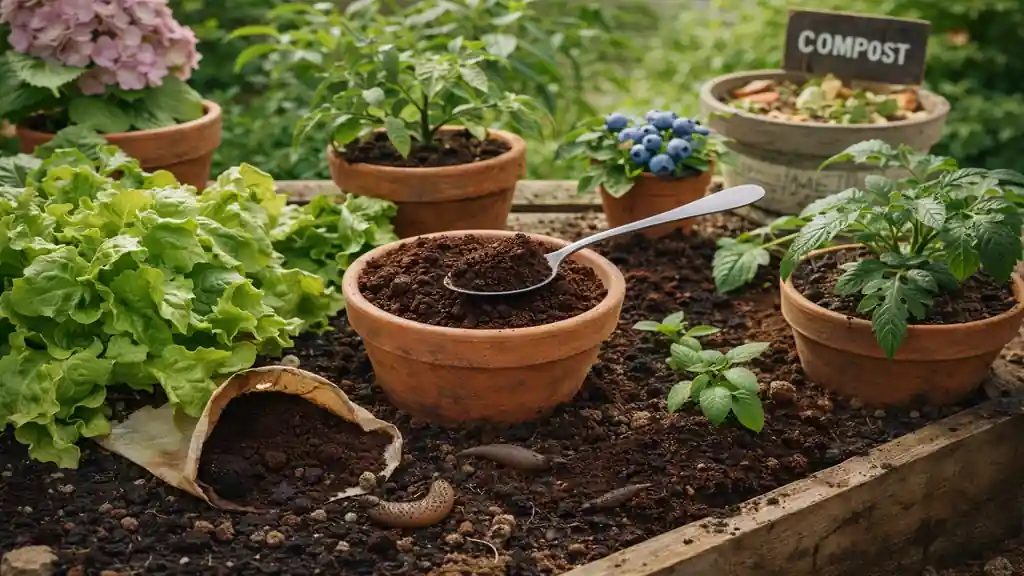 Marc de café utilisé comme engrais naturel au potager, autour de plants de tomates et de salades en pleine terre.