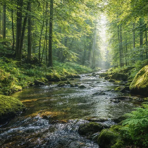 Ruisseau en forêt avec rochers moussus, fougères et rayons de soleil traversant les arbres, illustrant nature et environnement.