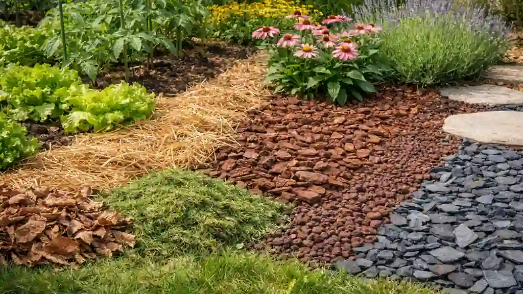 Paillis jardin avec paille, écorces de pin et ardoise dans un potager et massif ornemental au printemps