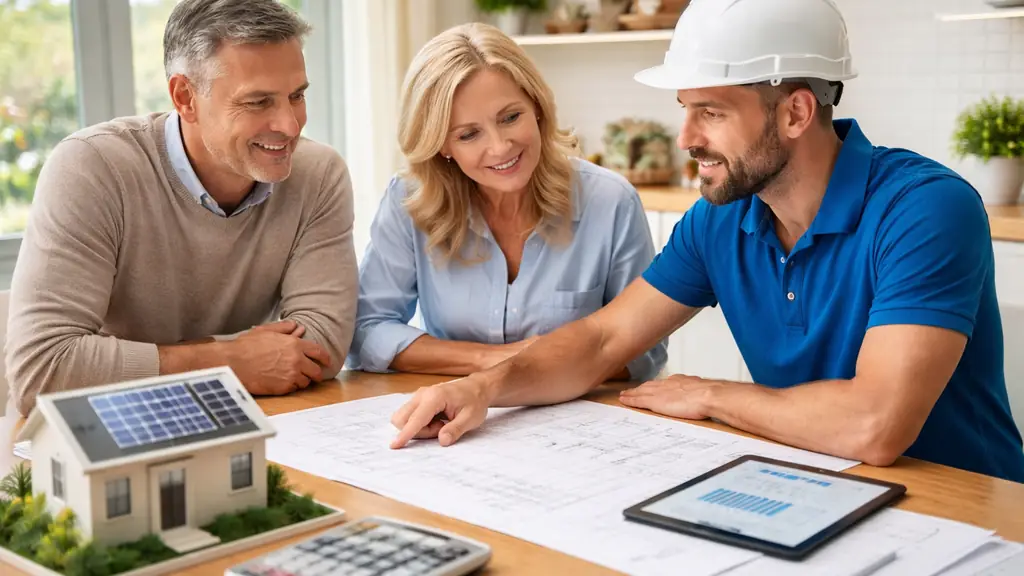 Conseiller en énergie solaire présentant une étude photovoltaïque à un couple, dimensionnement et plan d’installation à domicile.