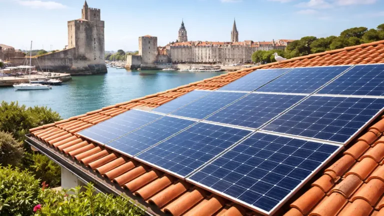Installation de panneaux solaires sur une toiture à La Rochelle avec vue sur le Vieux-Port et ses tours historiques.