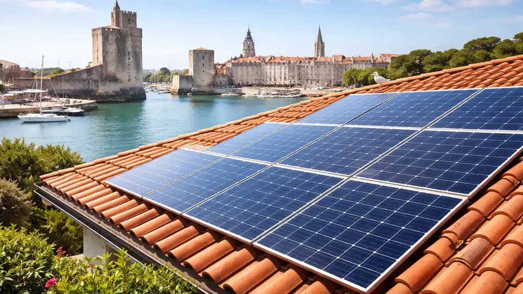 Installation de panneaux solaires sur une toiture à La Rochelle avec vue sur le Vieux-Port et ses tours historiques.