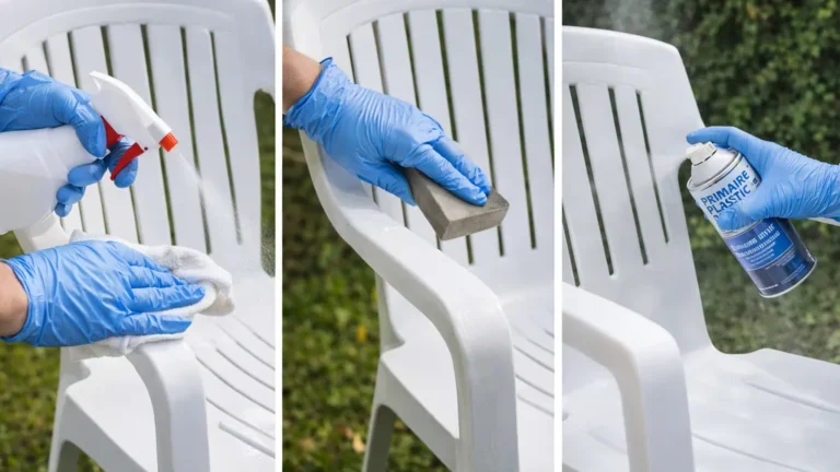 Peindre sur du plastique : chaise en plastique blanc préparée en extérieur avec dégraissage, ponçage léger puis application d’un primaire d’accrochage en spray.