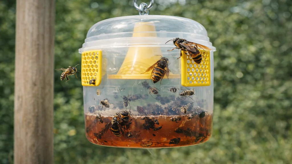 Piège sélectif pour frelon asiatique Vespa velutina suspendu au printemps avec appât sucré et cône d’entrée calibré