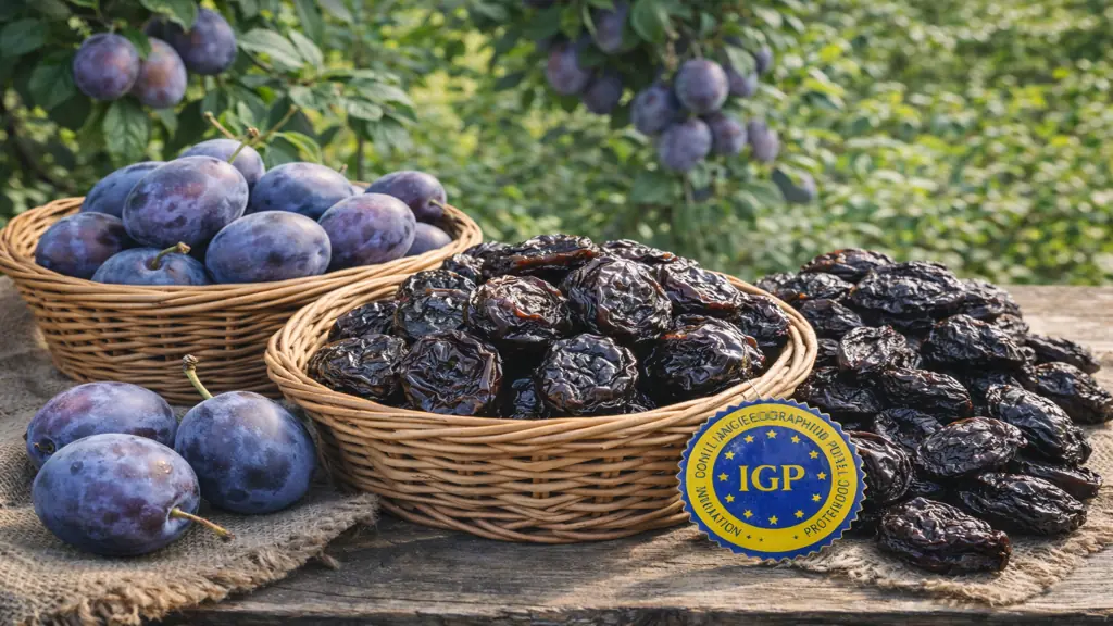 Pruneaux d'Agen issus de prune d'Ente avec fruits frais et pruneaux séchés en panier au verger dans le Sud-Ouest de la France