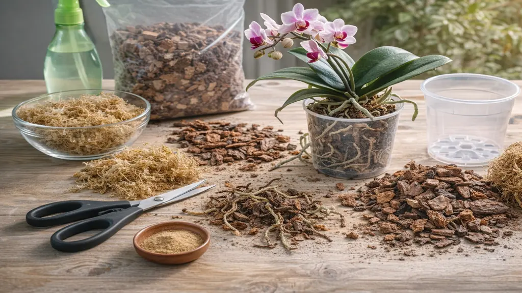 Rempoter une orchidée phalaenopsis avec substrat écorces de pin, sphaigne et pot transparent lors du changement de pot