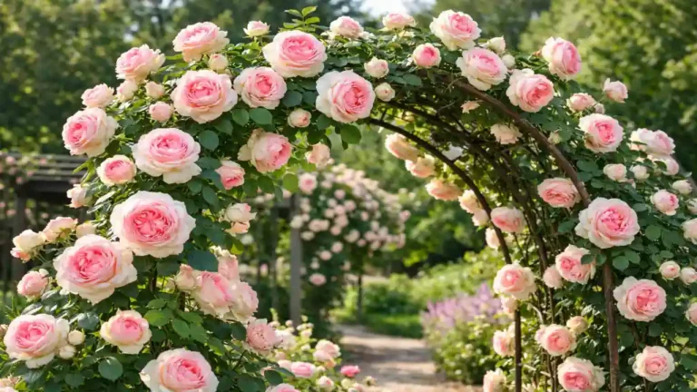Rosier Pierre de Ronsard grimpant en pleine floraison avec grandes roses rose tendre et blanc crème sur arche de jardin ensoleillée