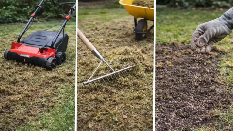 Scarification gazon au printemps avec scarificateur, ramassage de la mousse et regarnissage des zones dénudées dans un jardin résidentiel