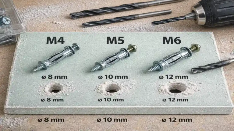Chevilles Molly M4 M5 et M6 posées sur plaque de plâtre BA13 avec forets adaptés pour perçage précis.