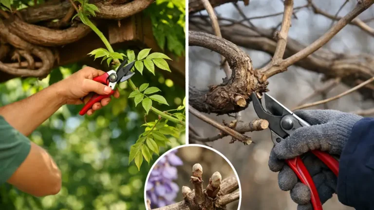 Taille de la glycine sur pergola : gros plan réaliste d’un sécateur coupant des rameaux secondaires, avec scène estivale feuillue et scène hivernale sur bois nu.