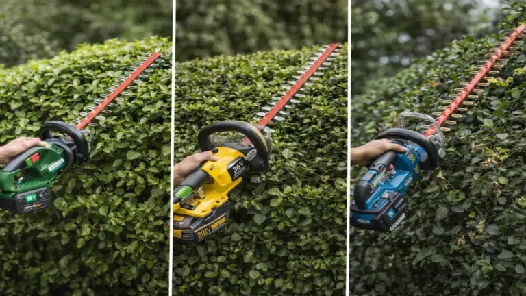Taille-haie sur batterie 18V et 36V en action sur différentes haies denses et ornementales dans un jardin résidentiel