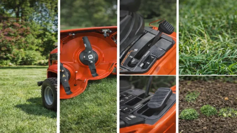 Tondeuse autoportée vue en détail avec carter de coupe large, transmission et pelouse fraîchement tondue sur terrain résidentiel.