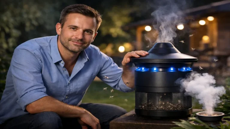 Alexandre Réant présentant un piège à moustiques biomimétique Nomoz Pro dans un jardin en soirée