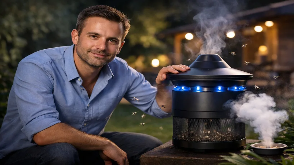 Alexandre Réant présentant un piège à moustiques biomimétique Nomoz Pro dans un jardin en soirée