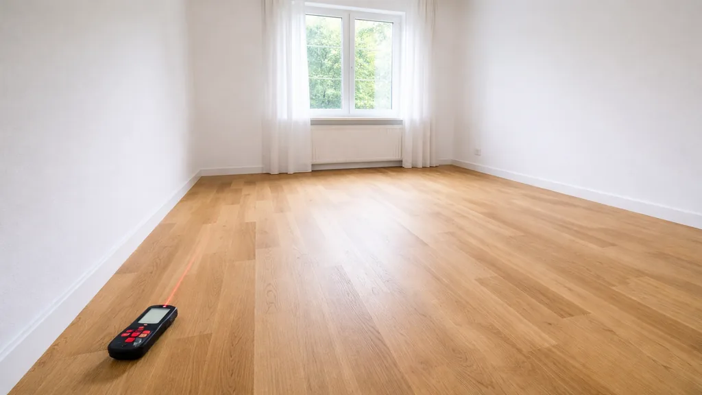 Pièce vide lumineuse avec sol en bois et télémètre laser au sol pour mesurer une surface en mètres carrés