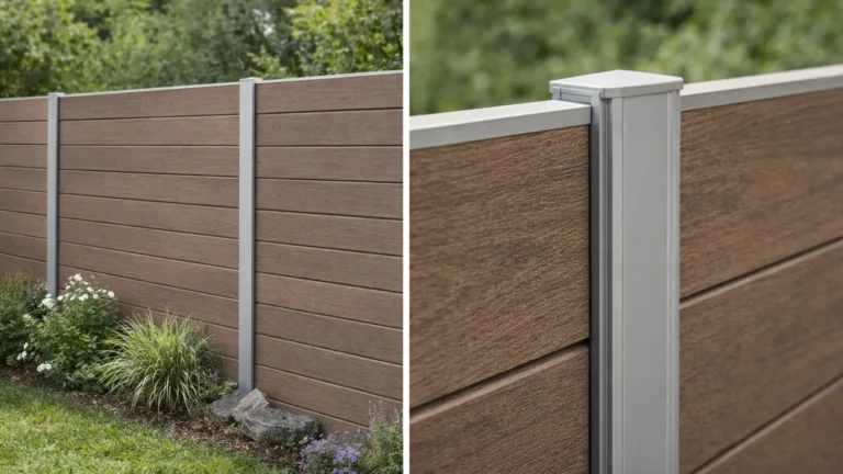 Clôture composite imitation bois avec poteaux en aluminium gris, lames horizontales dans un jardin verdoyant et paysagé, vue d’ensemble et détail du poteau