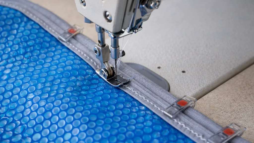 Machine à coudre robuste réalisant un point zigzag sur le bord renforcé d’une bâche à bulles bleue de piscine, ourlet maintenu par des clips