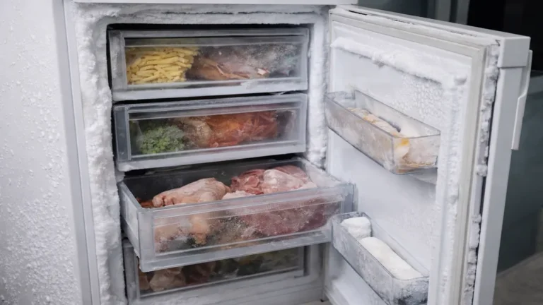 Congélateur entrouvert avec givre et aliments partiellement décongelés dans les tiroirs après plusieurs heures de porte mal fermée