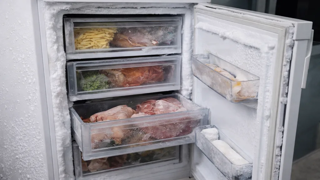 Congélateur entrouvert avec givre et aliments partiellement décongelés dans les tiroirs après plusieurs heures de porte mal fermée