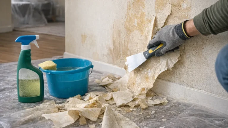 Décollage de papier peint humide : main avec gant qui gratte le mur à la spatule, seau d’eau chaude et pulvérisateur sur bâche de protection
