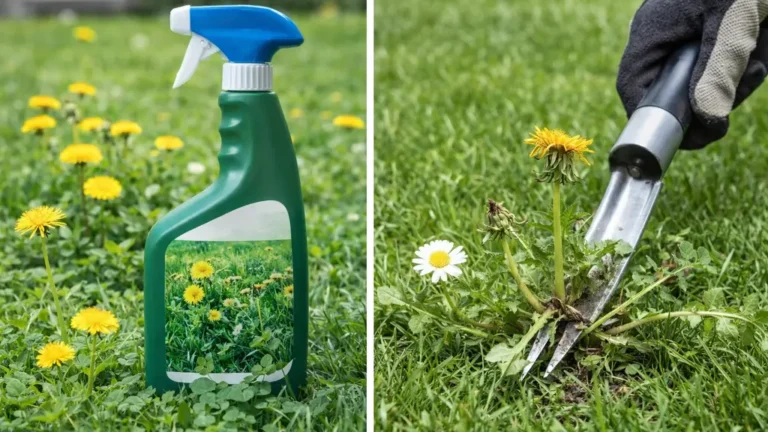 Désherbage du gazon : bouteille de désherbant et extraction manuelle d’un pissenlit avec un outil, pelouse verte avec mauvaises herbes (trèfle, pissenlit