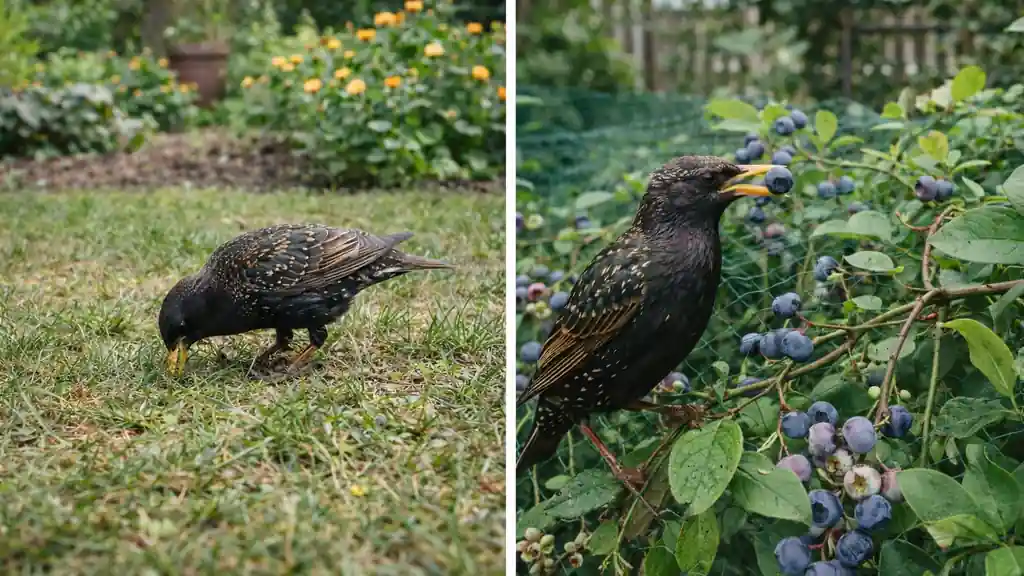 Étourneau sansonnet dans le jardin : oiseau noir irisé qui cherche des insectes sur la pelouse, et autre étourneau qui picore des fruits sur un arbuste en arrière-plan.