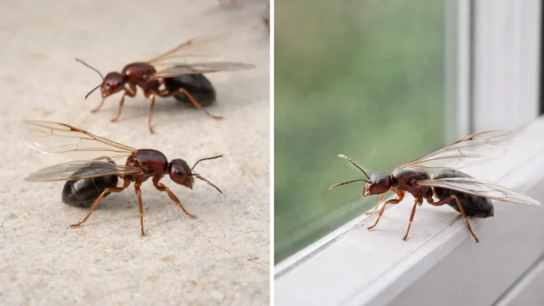 Fourmis volantes (fourmis ailées) en gros plan sur un rebord de fenêtre et sur une surface claire, détails des ailes translucides et du corps segmenté