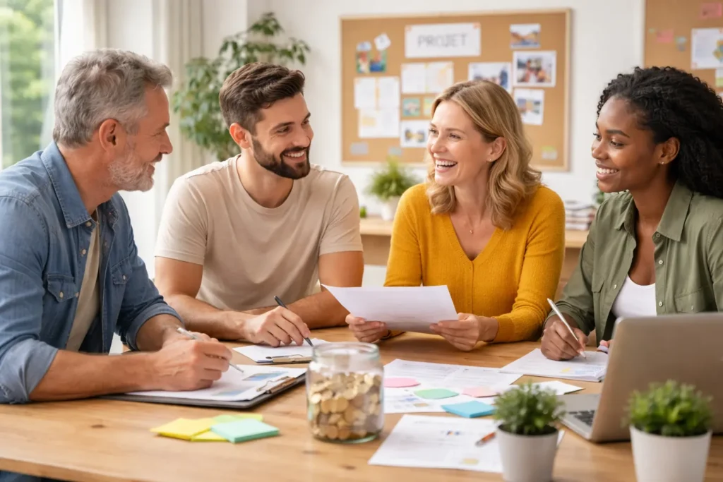 réunion entre plusieurs adultes autour d’un projet associatif local dans le cadre d’une démarche de mécénat participatif