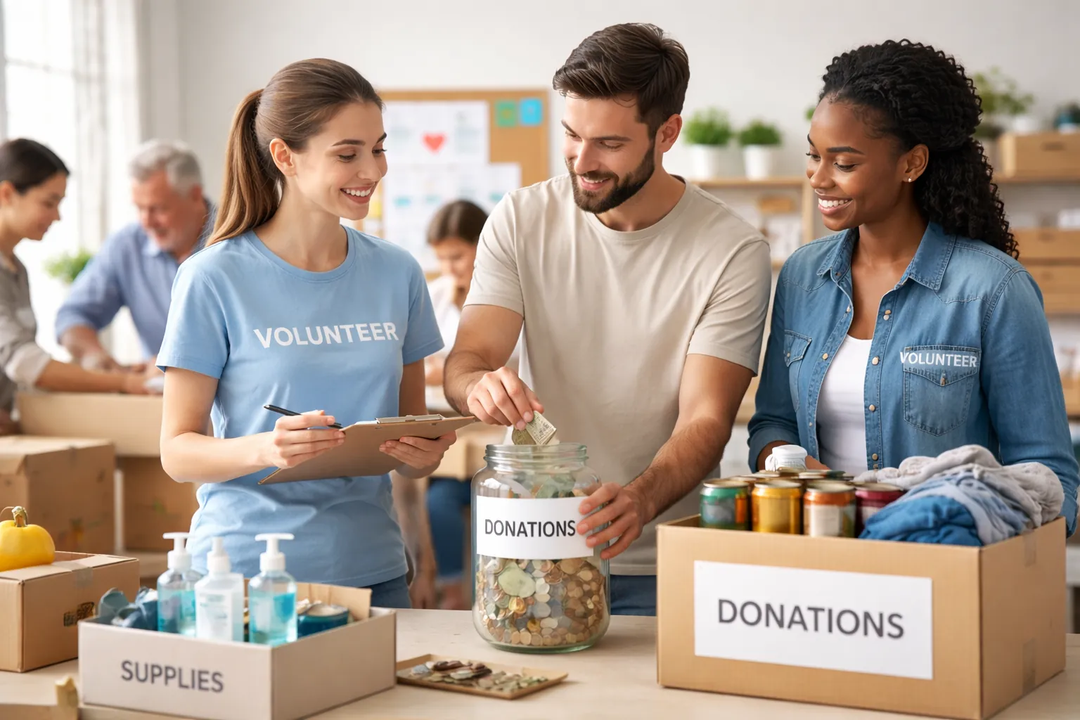bénévoles réunis autour d’une collecte solidaire pour financer une association dans le cadre d’un projet de mécénat participatif