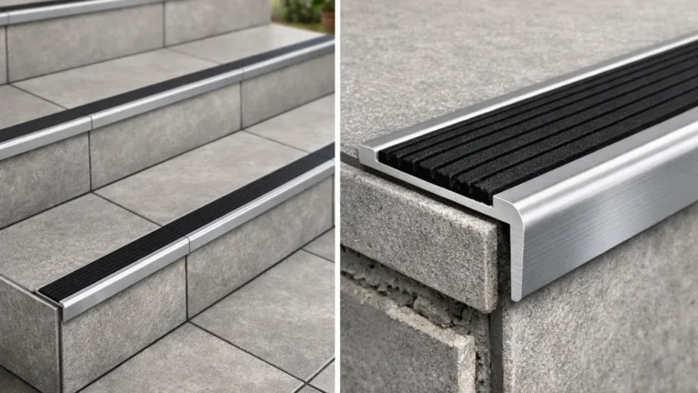 Nez de marche en aluminium antidérapant posé sur un escalier carrelé gris, protection de l’arête et sécurité anti-glisse