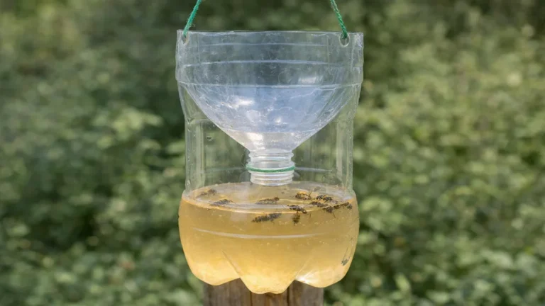 Piège à guêpes maison fabriqué avec une bouteille plastique suspendue dans un jardin avec liquide attractif au fond