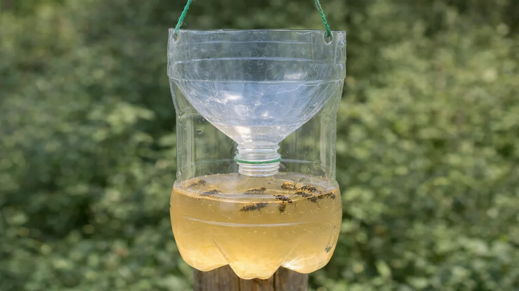 Piège à guêpes maison fabriqué avec une bouteille plastique suspendue dans un jardin avec liquide attractif au fond