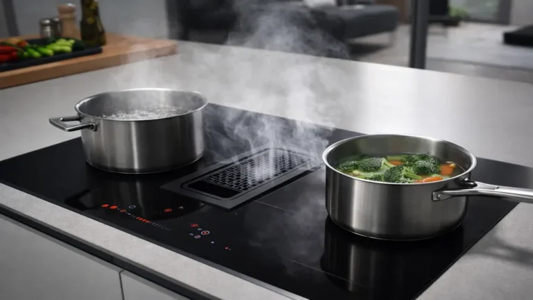 Plaque induction avec hotte intégrée en fonctionnement dans une cuisine moderne ouverte avec casseroles et vapeur aspirée