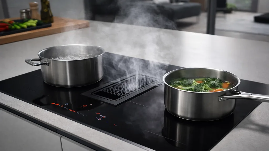 Plaque induction avec hotte intégrée en fonctionnement dans une cuisine moderne ouverte avec casseroles et vapeur aspirée