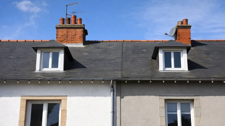 Deux maisons mitoyennes avec toiture commune en ardoise et gouttière partagée sous un ciel bleu