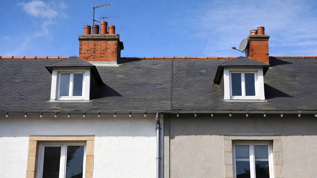 Deux maisons mitoyennes avec toiture commune en ardoise et gouttière partagée sous un ciel bleu