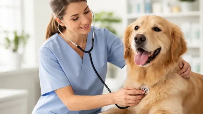 vétérinaire examinant un chien golden retriever dans une clinique moderne lors d’une consultation d’urgence vétérinaire