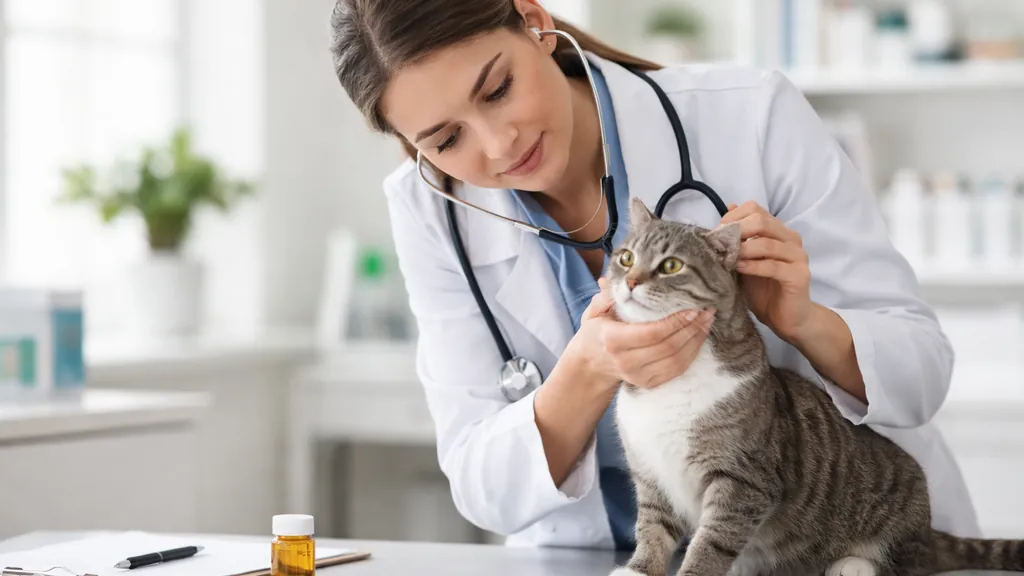 vétérinaire examinant un chat gris et blanc sur une table de consultation dans une clinique vétérinaire moderne