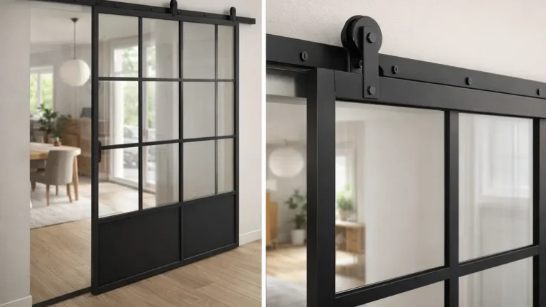 Verrière style atelier avec porte coulissante vitrée à cadre noir sur rail apparent, séparant salon et couloir dans un intérieur moderne lumineux