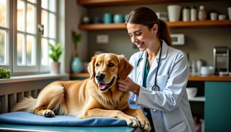 Vétérinaire examinant un golden retriever allongé sur une table de consultation dans un cabinet lumineux.