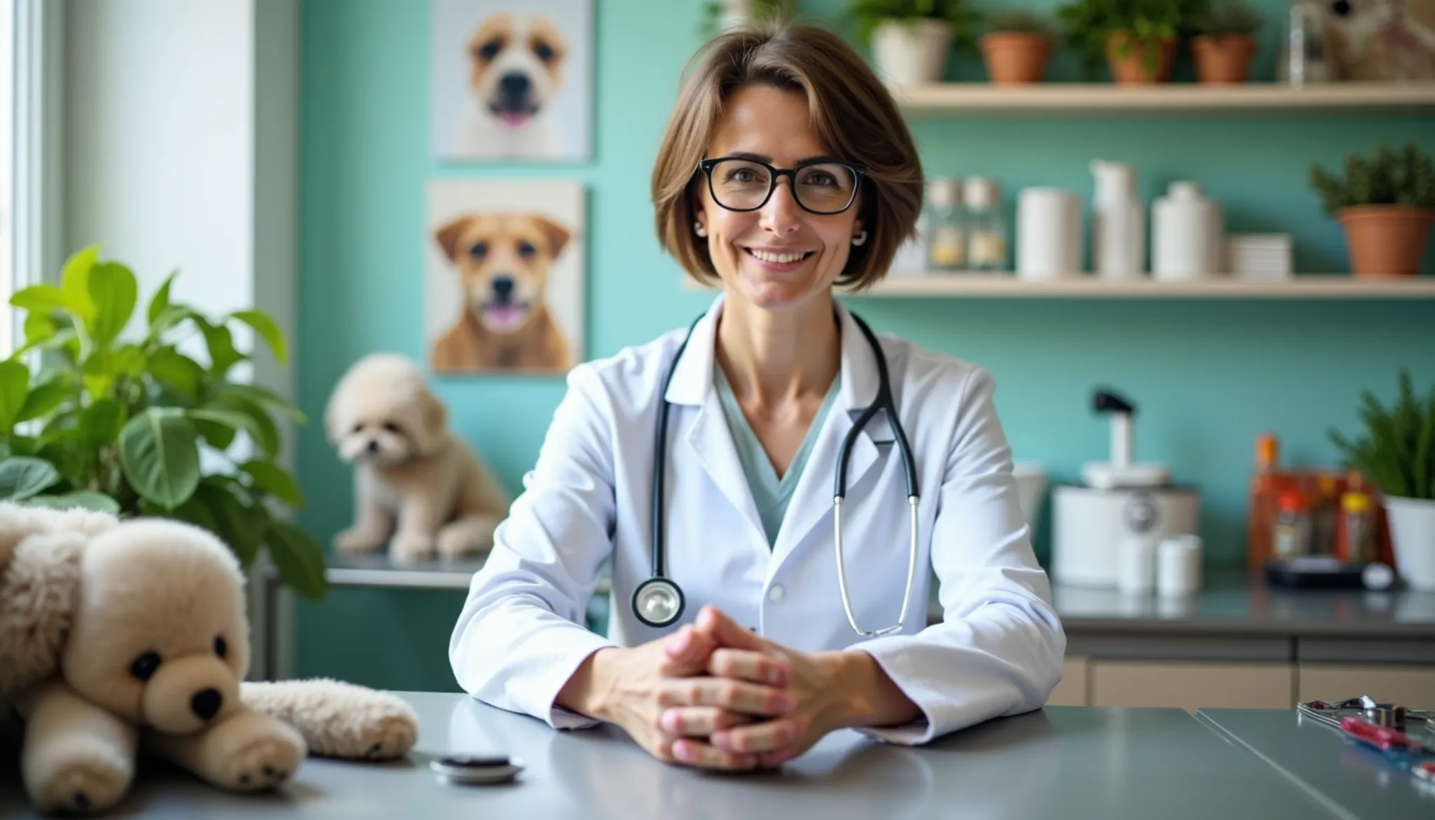 Vétérinaire souriante assise dans un cabinet lumineux avec stéthoscope, plantes et décor animalier en arrière-plan.